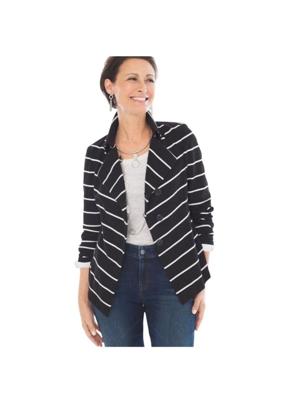 Chicos Women Black-White Striped Button-Front Blazer Jacket SZ 0 US Small